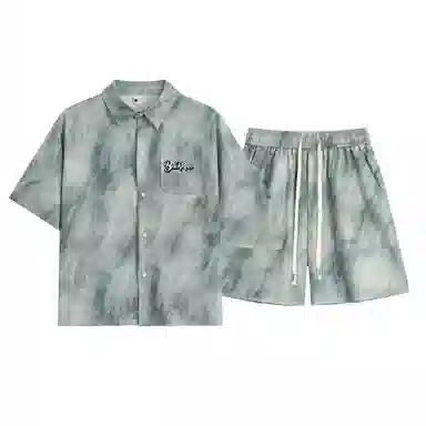 大卫贝肯 美式复古高品质重磅潮流薄款冰丝油墨晕染斑驳设计感格子百搭翻领落肩短袖衬衫搭基础款五分裤宽松休闲运动套装 男女同款