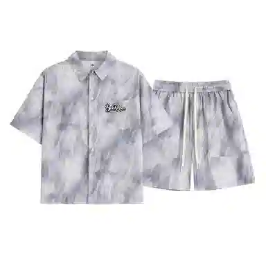 大卫贝肯 美式复古高品质重磅潮流薄款冰丝油墨晕染斑驳设计感格子百搭翻领落肩短袖衬衫搭基础款五分裤宽松休闲运动套装 男女同款