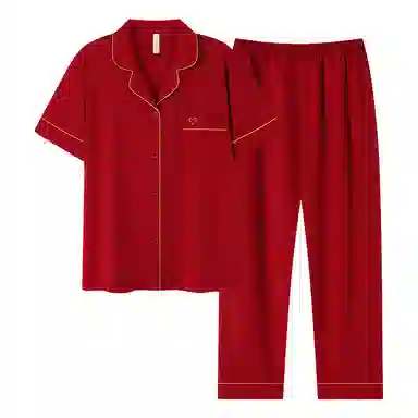夏芬妍 喜气简约柔软舒适翻领开衫中国红本命年家居服亲肤休闲短袖长裤时尚可外穿睡衣套装 男女同款