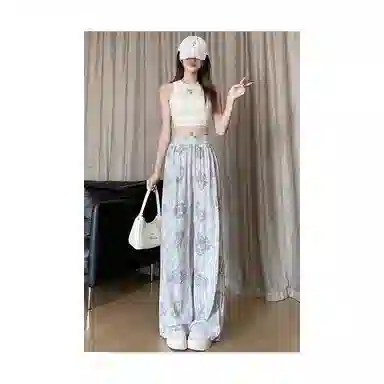 丝絮丝绸 薄款复古印花宽松垂坠感显瘦直筒休闲裤 女款