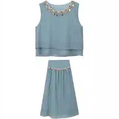 谜秀 流苏织带拼接无袖裙装套装 女款