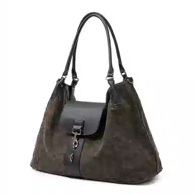 黑田矢衛 苔岩做旧手抓纹托特包锁扣小众拼接高级感松弛感通勤流浪包手提斜挎包 帆布 砺锁 单肩包 大号 男女同款情侣款 褐绿色