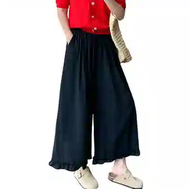 丝絮丝绸 木耳边阔腿裤设计感高腰宽松纯色休闲裤 女款