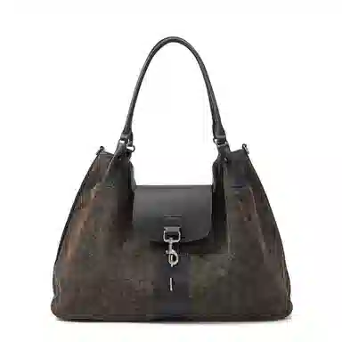 黑田矢衛 苔岩做旧手抓纹托特包锁扣小众拼接高级感松弛感通勤流浪包手提斜挎包 帆布 砺锁 单肩包 大号 男女同款情侣款 褐绿色