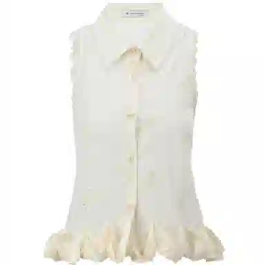 谜秀 蕾丝翻领镂空无袖短袖法式衬衫 女款