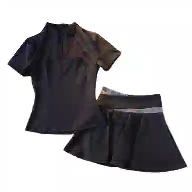 桴生  瑜伽服简约半拉链时尚百搭短袖高腰速干运动跑步修身短裙  健身套装  女款