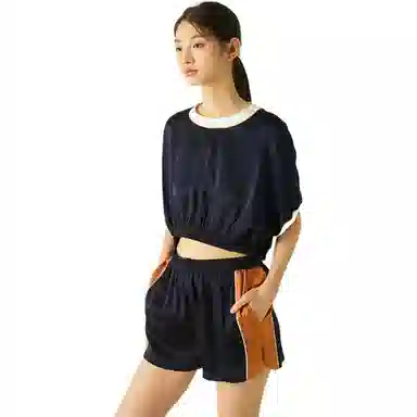 桑罗 真丝撞色超短纯色短袖圆领短裤睡衣套装 女款