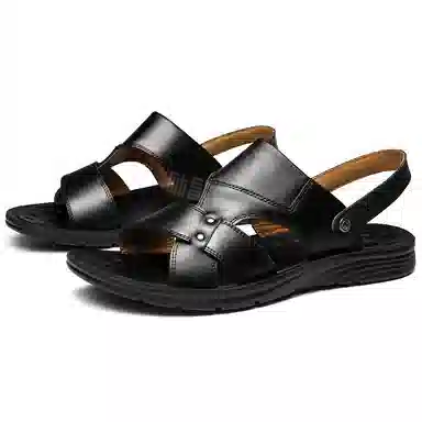 法派 头层牛皮 大码 纯色 简约 透气 轻便 舒适 沙滩凉鞋 男款