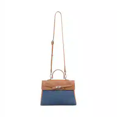 妙迪 丹宁简约经典复古拼接撞色 牛皮 单肩斜挎手提包 女款 牛仔蓝