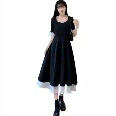水中花 法式复古宫廷赫本风微胖女生苹果梨形身材多巴胺收腰显瘦绷带蕾丝高级感穿搭纯色简约短袖连衣裙 女款