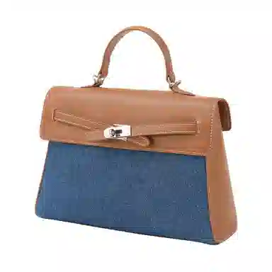 妙迪 丹宁简约经典复古拼接撞色 牛皮 单肩斜挎手提包 女款 牛仔蓝