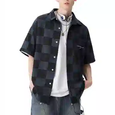 沐诚阳译 夏季美式棋盘格短袖男宽松休闲大码半袖外套衬衫  男款
