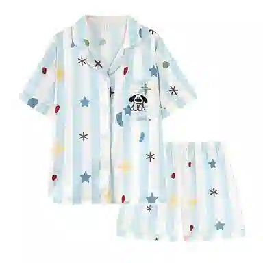 夏芬妍 甜美休闲舒适条纹星星小狗冰丝家居服亲肤宽松短袖短裤长裤时尚可外穿睡衣套装 女款