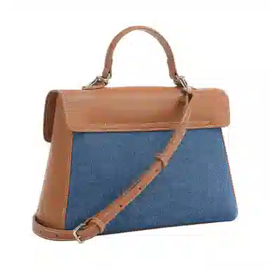 妙迪 丹宁简约经典复古拼接撞色 牛皮 单肩斜挎手提包 女款 牛仔蓝