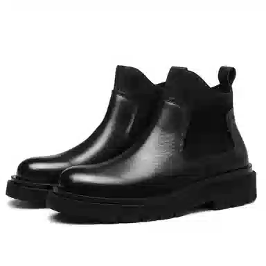 法派 头层牛皮 套脚圆头 纯色耐磨 英伦时尚 百搭轻便 及踝 切尔西靴 男款 黑色