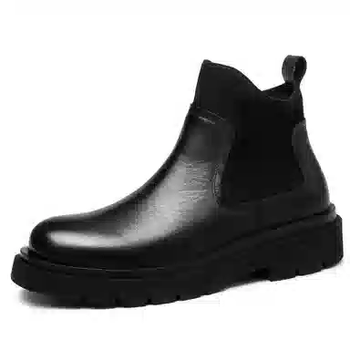 法派 头层牛皮 套脚圆头 纯色耐磨 英伦时尚 百搭轻便 及踝 切尔西靴 男款 黑色