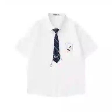 沐诚阳译 夏季潮牌设计感短袖领带男女学院风情侣宽松休闲衬衫 男款