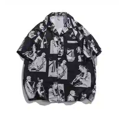 大格子与黑猫 美式潮牌复古宽松个性潮流休闲舒适短袖衬衫 男款