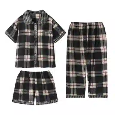 夏芬妍 柔软舒适经典格子云朵棉翻领开衫家居服亲肤休闲短袖三件套时尚可外穿夏季睡衣套装 男女同款
