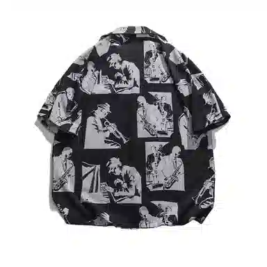 大格子与黑猫 美式潮牌复古宽松个性潮流休闲舒适短袖衬衫 男款