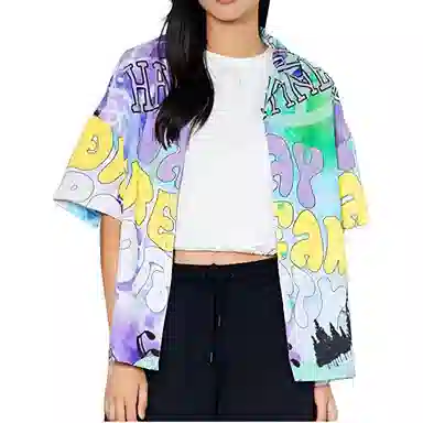 中国李宁 夏日派对 涂鸦扎染字母满印休闲短袖衬衫 女款 花色