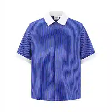 【dme】 美式简约复古条纹学院风百搭翻领拼接撞色短袖寸衣宽松国潮休闲设计感纯棉半袖开衫衬衫 男女同款