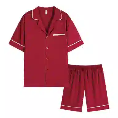 夏芬妍 大红喜庆系列  柔软舒适丝滑结婚本命年翻领冰丝家居服休闲长袖长裤短袖短裤可外穿睡衣套装 男女同款