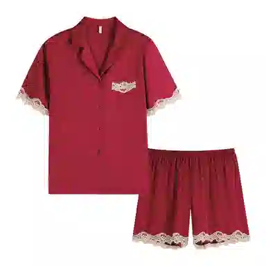 夏芬妍 大红喜庆系列  舒适丝滑柔软结婚本命年翻领冰丝家居服休闲长袖长裤短袖短裤可外穿睡衣套装 男女同款
