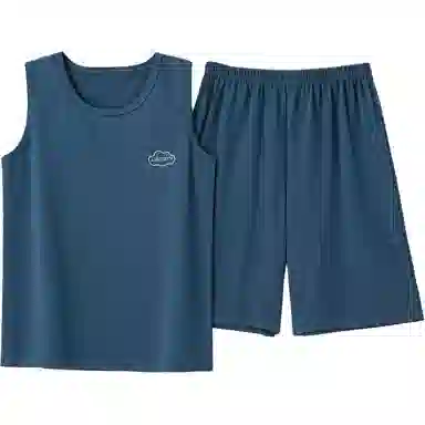 兰缪 时尚纯色透气凉感高弹舒适柔软可外穿无袖背心五分裤睡衣套装 男款