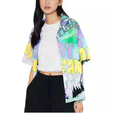 中国李宁 夏日派对 涂鸦扎染字母满印休闲短袖衬衫 女款 花色