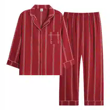 夏芬妍 大红喜庆系列  柔软舒适丝滑结婚本命年翻领条纹冰丝家居服休闲长袖短袖长裤可外穿睡衣套装 男女同款