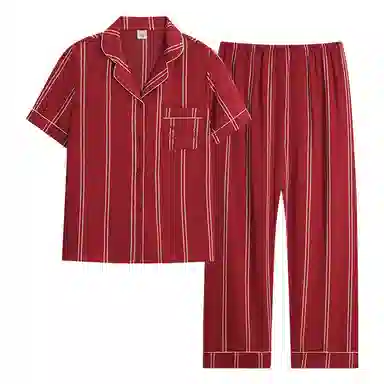夏芬妍 大红喜庆系列  柔软舒适丝滑结婚本命年翻领条纹冰丝家居服休闲长袖短袖长裤可外穿睡衣套装 男女同款