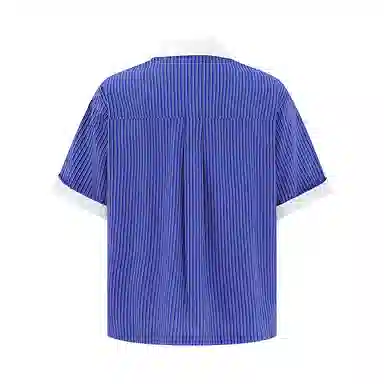 【dme】 美式简约复古条纹学院风百搭翻领拼接撞色短袖寸衣宽松国潮休闲设计感纯棉半袖开衫衬衫 男女同款