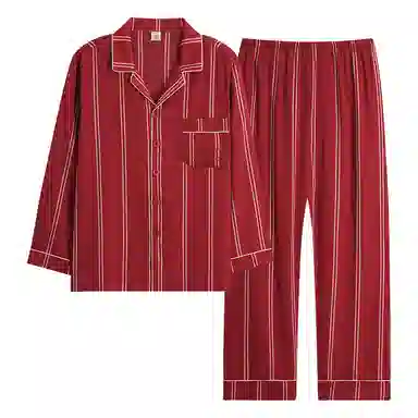 夏芬妍 大红喜庆系列  柔软舒适丝滑结婚本命年翻领条纹冰丝家居服休闲长袖短袖长裤可外穿睡衣套装 男女同款