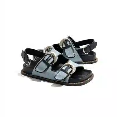 老喵 平底方头 百搭时尚 沙滩凉鞋 女款 牛仔蓝