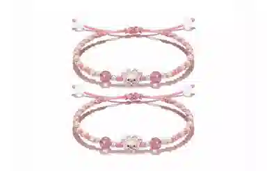 【S999纯银】 牧言 桃花兔熊 萌趣可爱浪漫甜美新中式小众高级感 立体粉蝴蝶结兔子圆珠编织绳手饰 约会好运 足银 手绳 男女同款情侣款