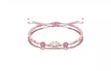 【S999纯银】 牧言 桃花兔熊 萌趣可爱浪漫甜美新中式小众高级感 立体粉蝴蝶结兔子圆珠编织绳手饰 约会好运 足银 手绳 男女同款情侣款