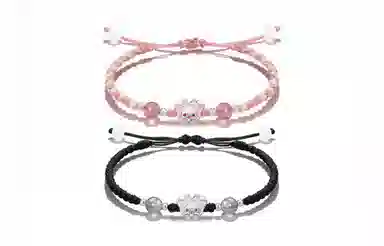 【S999纯银】 牧言 桃花兔熊 萌趣可爱浪漫甜美新中式小众高级感 立体粉蝴蝶结兔子圆珠编织绳手饰 约会好运 足银 手绳 男女同款情侣款