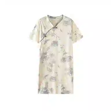 欧迪芬 国风复古睡裙夏季纯棉带胸垫中长款宽松家居服睡衣套装 女款