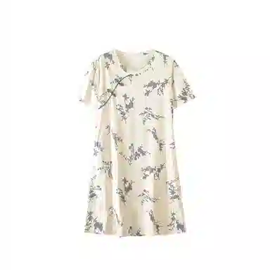 欧迪芬 国风复古睡裙夏季纯棉带胸垫中长款宽松家居服睡衣套装 女款