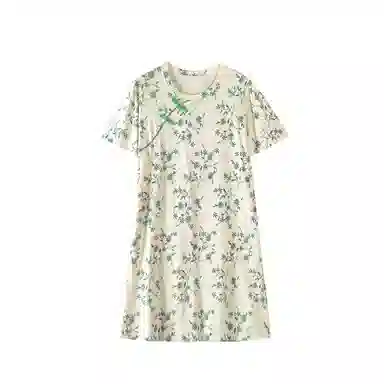 欧迪芬 国风复古睡裙夏季纯棉带胸垫中长款宽松家居服睡衣套装 女款