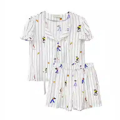 桑罗 条纹真丝短袖睡衣套装女童趣印花家居服可外穿内衣 女款
