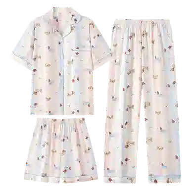 夏芬妍 甜美可爱卡通条纹萌宠翻领云朵棉短袖三件套家居服柔软舒适休闲可外穿睡衣套装 女款