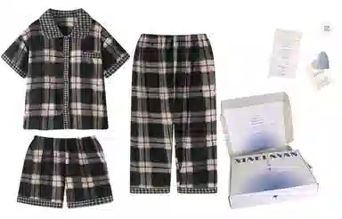 夏芬妍 柔软舒适经典格子云朵棉翻领开衫家居服亲肤休闲短袖三件套时尚可外穿夏季睡衣套装 男女同款