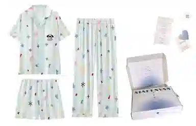 夏芬妍 甜美休闲舒适条纹星星小狗冰丝家居服亲肤宽松短袖短裤长裤时尚可外穿睡衣套装 女款