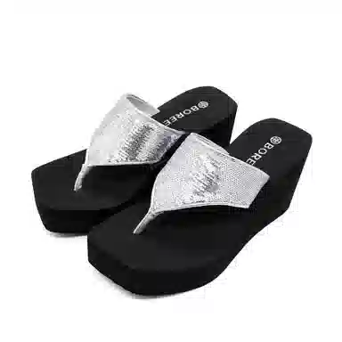 宝人 个性厚底坡跟人字拖鞋 女款 黑色