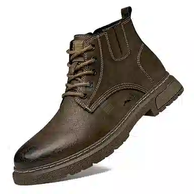 英伦骑士 头层牛皮 加绒柔软舒适潮流百搭 短筒 马丁靴 男款 卡其色