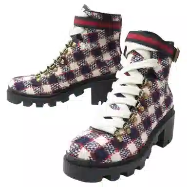 Gucci Round Toe Lace-Up Boots White Red Blue