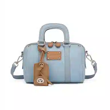 红蜻蜓 潮流时尚复古通勤百搭 超细纤维合成革 保龄球包手提包 女款 牛仔蓝