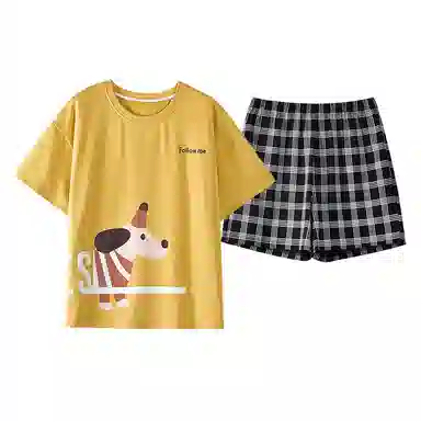夏芬妍 柔软舒适卡通格子小狗圆领家居亲肤休闲短袖短裤时尚可外穿夏季睡衣套装 男女同款